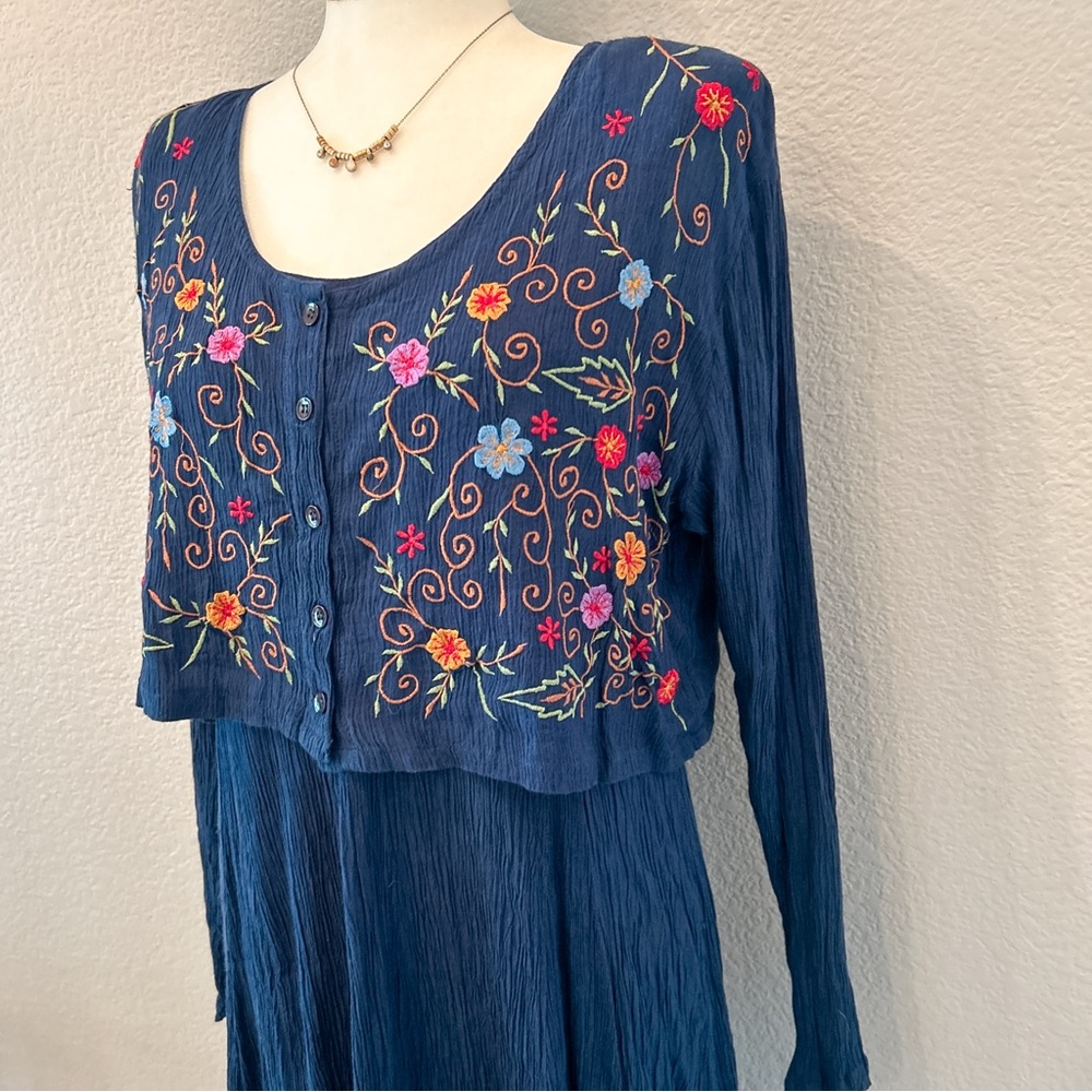 Navy Blue Embroidered Floral Dress Two Piece Long Sleeve M Cottage Boho Navy - Picture 5 of 16